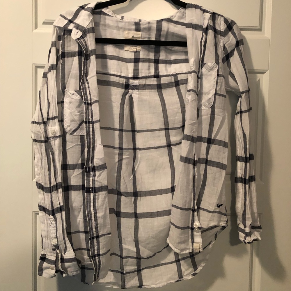 American eagle blue and white button up shirt